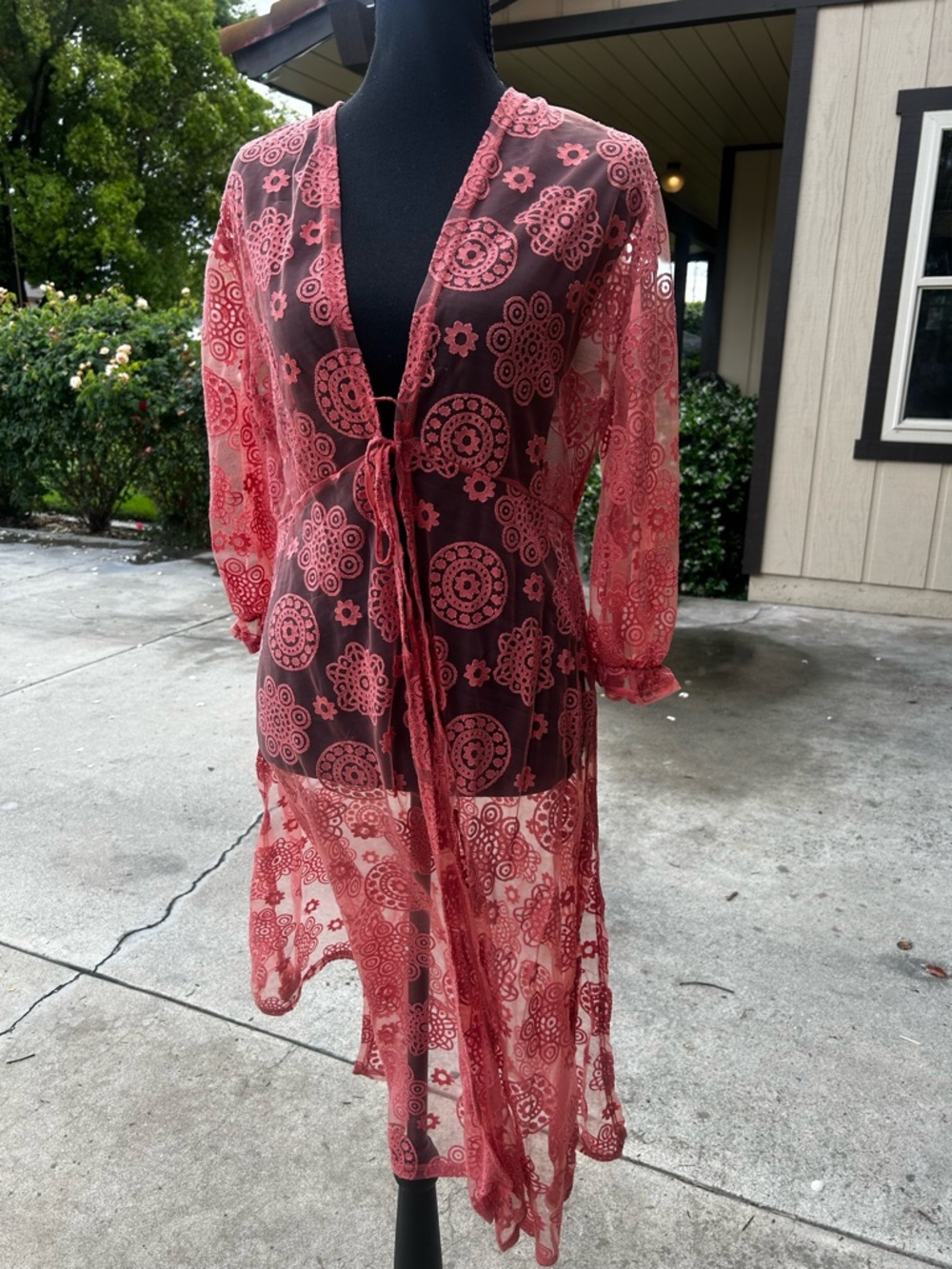 Ember velvet burnout‎ front tie side slit coral y2k puff sleeve duster